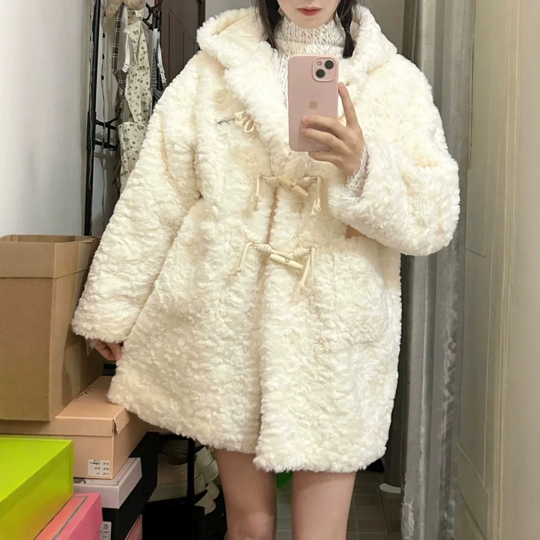 

2026 Women Faux Rabbit Fur Hooded Short Jacket Solid Long Sleeve Single Breasted Thick Straight Fit Elegant Casual Autumn Winter
