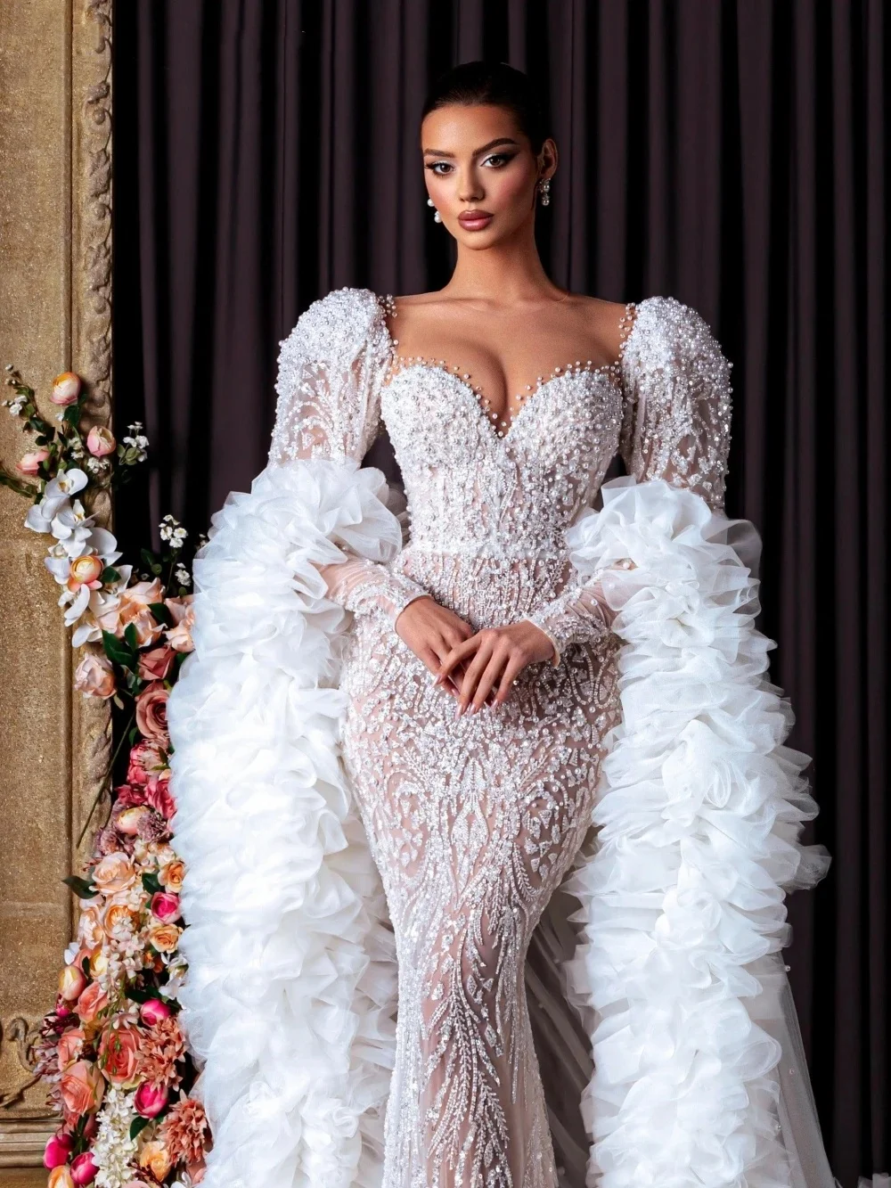 Mode perles robes De mariée paillettes sirène robes De mariée avec Train voir à travers robe De mariée personnalisée robes De Novia