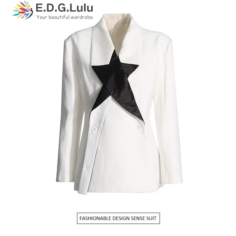 

EDGLuLu Women Fashion Chic Turn-Down Collar Design Patchwork Star Casual Blazer Female Long Sleeves White Black Jackets Coat0920