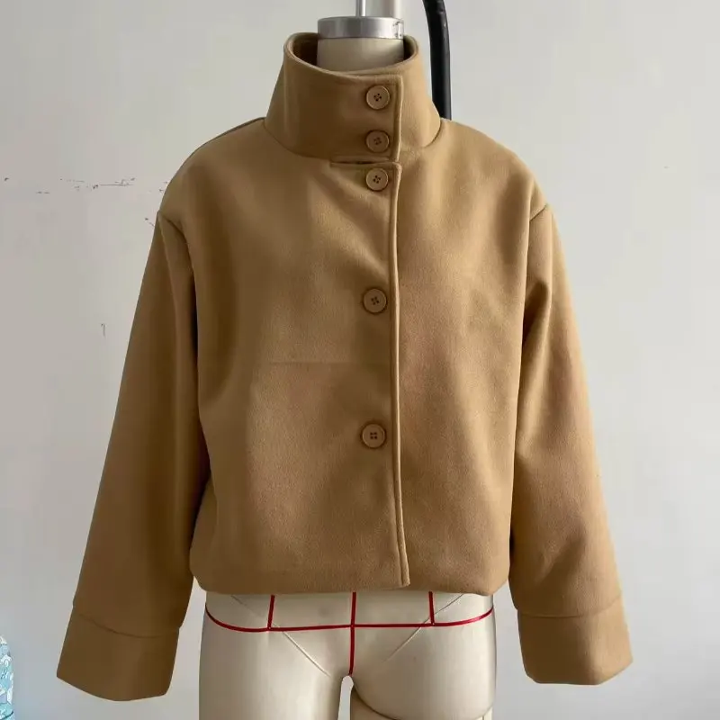 Dunkelblaue Wolljacke für Damen, 2025, Frühling, einreihig, Stehkragen, lockerer weiblicher Mantel, Bürodame, Straße, kurze Oberbekleidung, Tops – Detail 12