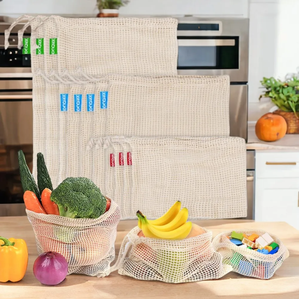 Eco-Friendly Reusable Cotton Mesh Produce Bags for Vegetable Fruit Food - Washable Grid Design, String Closure, Kitchen Organize