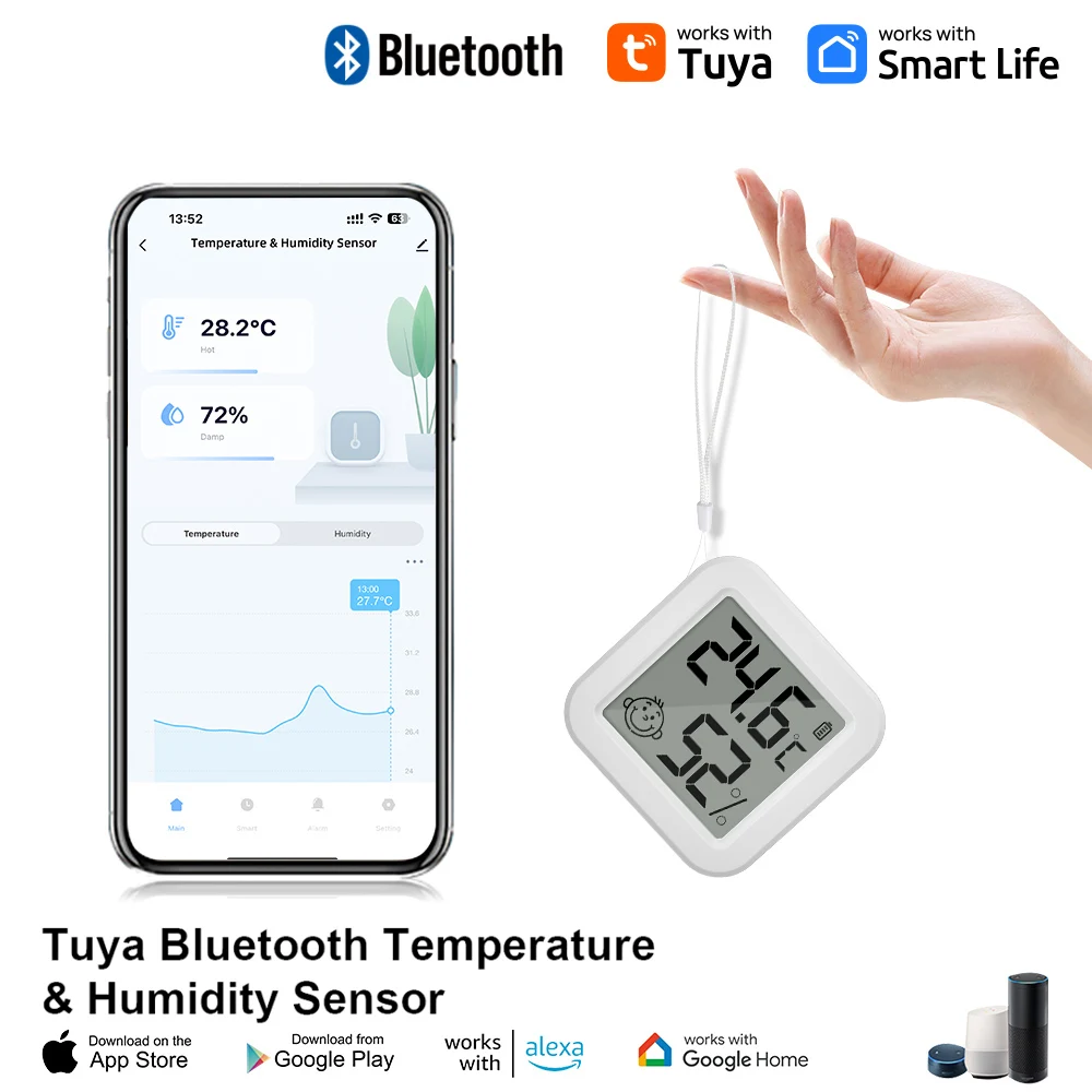 Bluetooth Temperature Humidity Sensor with a String LCD Screen Tuya APP Remote Voice Control Google Thermometer Hygrometer