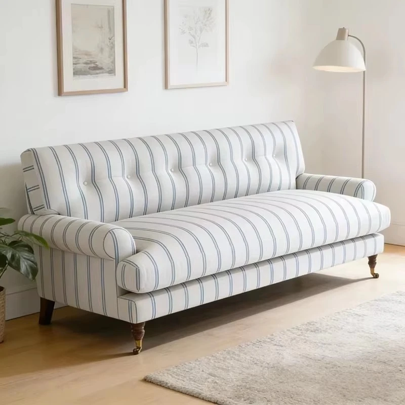 Three-seater modern living room sofa ancient blue and white striped fabric retro