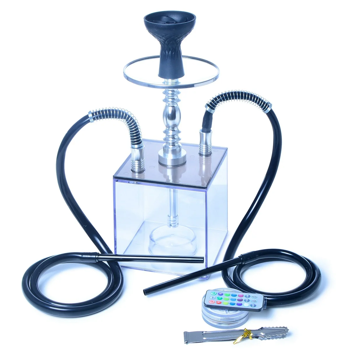 Acrylic Cube Hookah Kit, Single and Double Tube, Pipe Water Smoke Plastic Kettle with LED Light, Remote Control Smoking Set