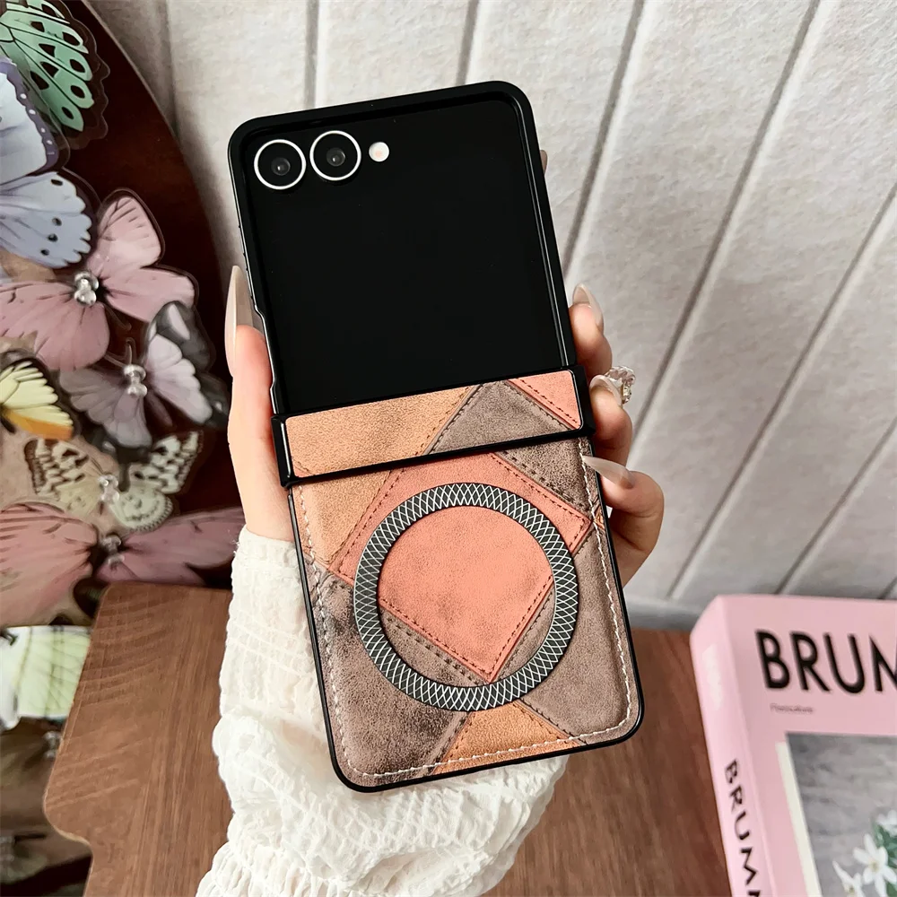 สีสัน Splicing หนังแม่เหล็กสําหรับ Samsung Z Flip 7 6 5 zflip 4 3 5G สําหรับ Magsafe ไร้สายชาร์จบานพับฝาครอบ