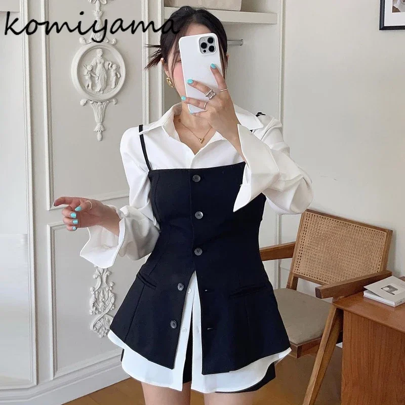 Komiyama Turn Down Collar Blusas Mujer Long Sleeve Shirts Blouses Single Breasted Camisas Korean Simple Shirt Tops with Vest