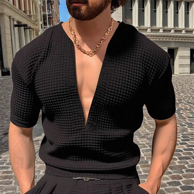 New Summer Waffle V Neck Short Sleeved T-shirt Comfortable Top athleisure fashion slim breathable Men's Short Sleeved Top