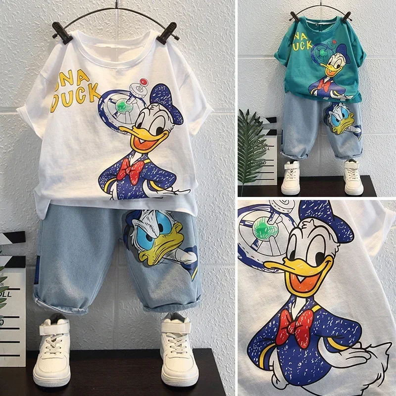 2024 Summer Kids Clothing Fashion Donald Duck T-shirt+Jeans Sets Children Cotton Short Sleeve Denim Shorts Tracksuits Clothes