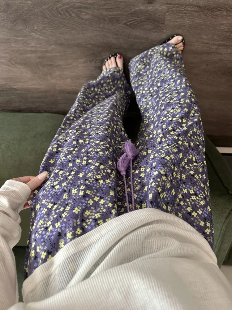 Summer New Sweet Purple Floral Print Loose Women's Sleepwear Pants Casual Long Trousers Outdoor Wearable Retro Style Home Clo...