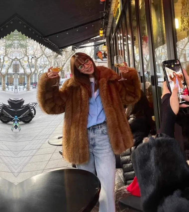 Faux Fur Long Coat With Hood Coats Womens Animal-Printed Fancy Vacation Lady Design Garments Biker-Style Epaulettes Modern Trend