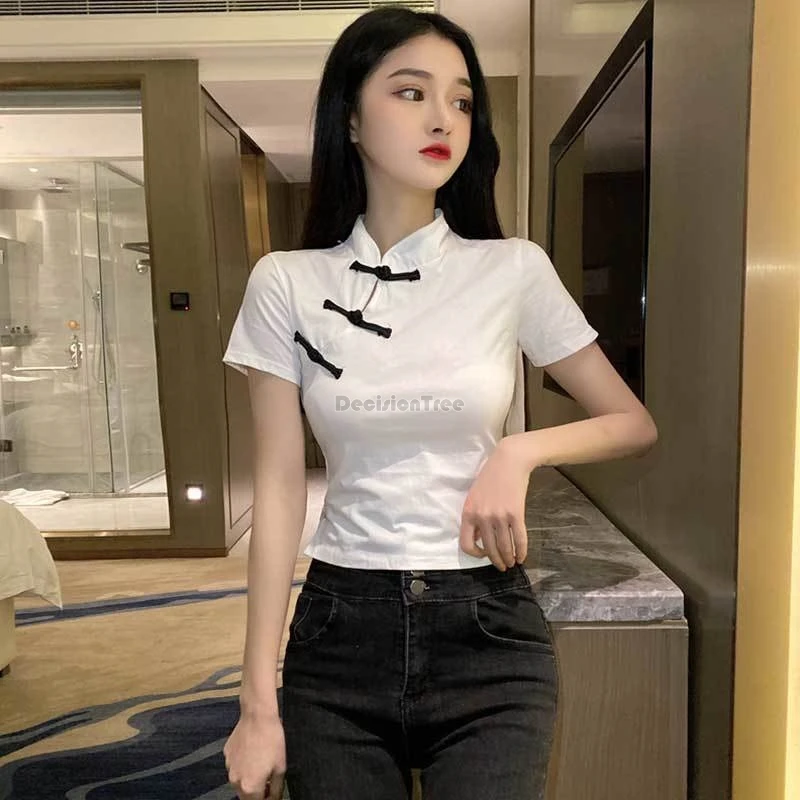 2024 women summer slim-fit chinese style improved cheongsam tray buckle short crop blouse short sleeve sexy fashion qipao w909