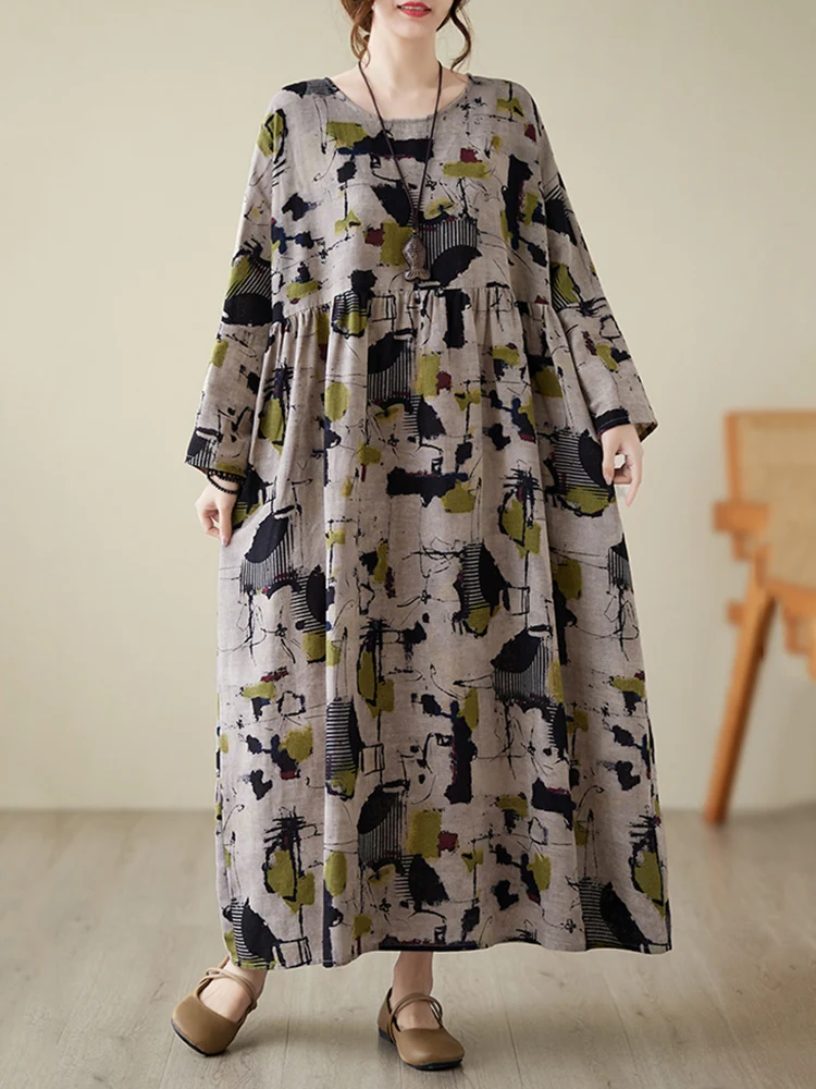 Oversize Cotton Long Sleeve Print Vintage Dresses For Women 2026 Spring Autumn Casual Loose Dress Femme Robe Elegant Clothing