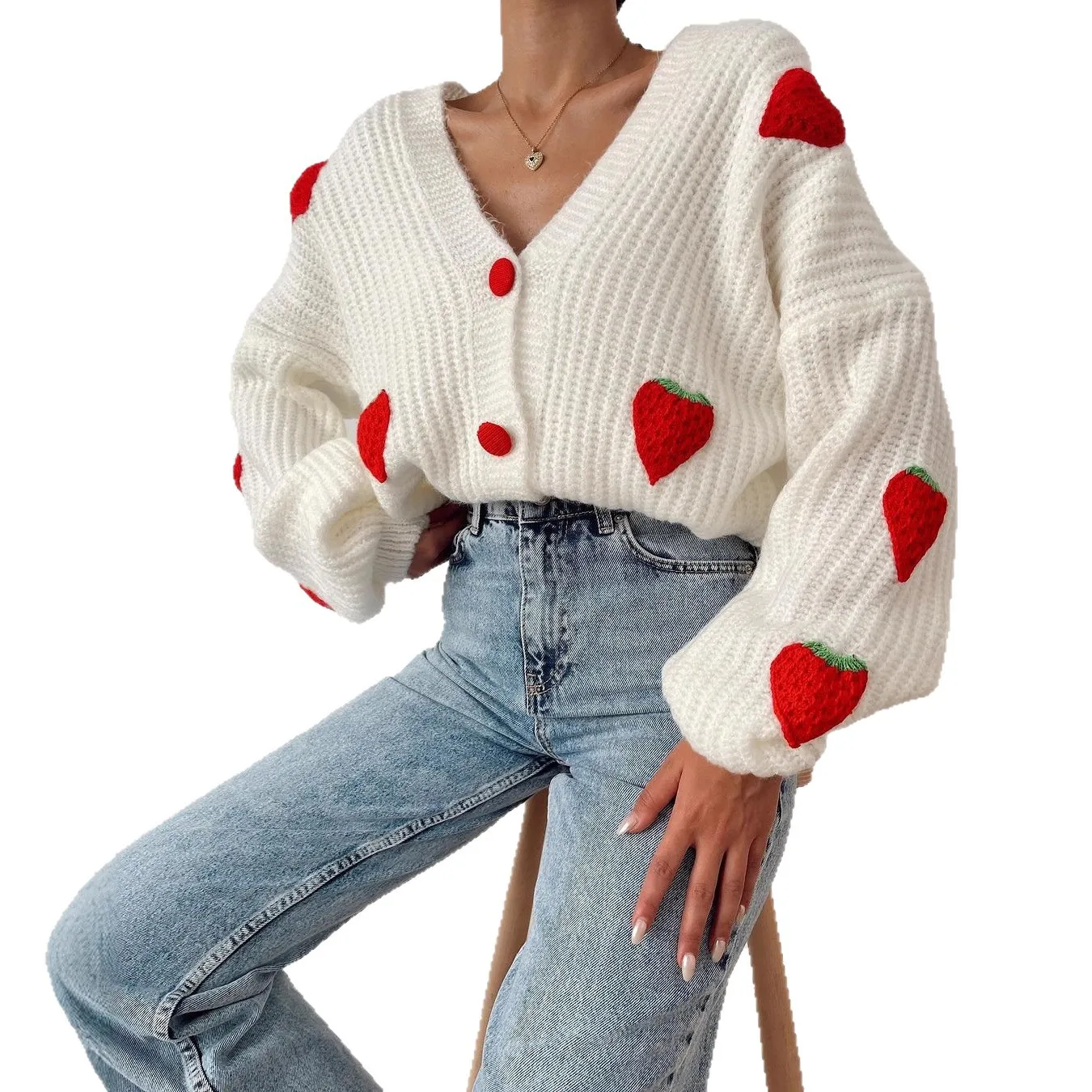 Women Autumn Winter New Sweet Strawberry Embroidery Cardigans V Neck Single Breasted Lantern Sleeve Knitted Tops Loose Sweaters
