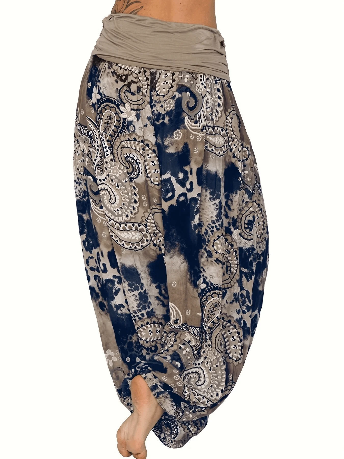 Fox Claw Plus Size Women's Loose Bohemian Style Contrasting Print Mid Waist Wide Leg Haren Pants