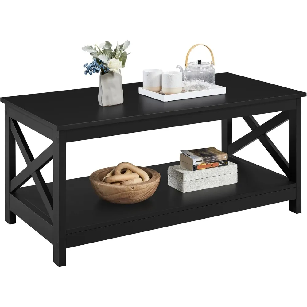 Wood 2-Tier Black Coffee Table with Storage Shelf for Living Room, X Design Accent Cocktail Table, Easy Assembly Home Furniture