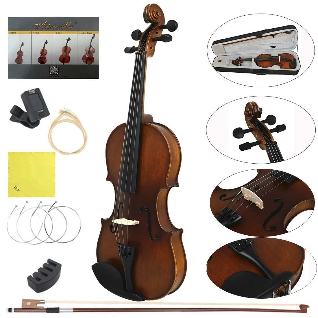 

IRIN Профессиональная скрипка 4/4, скрипка ручной работы из цельного дерева с футляром для смычка, детали тюнера для начинающих, играющих на скрипке