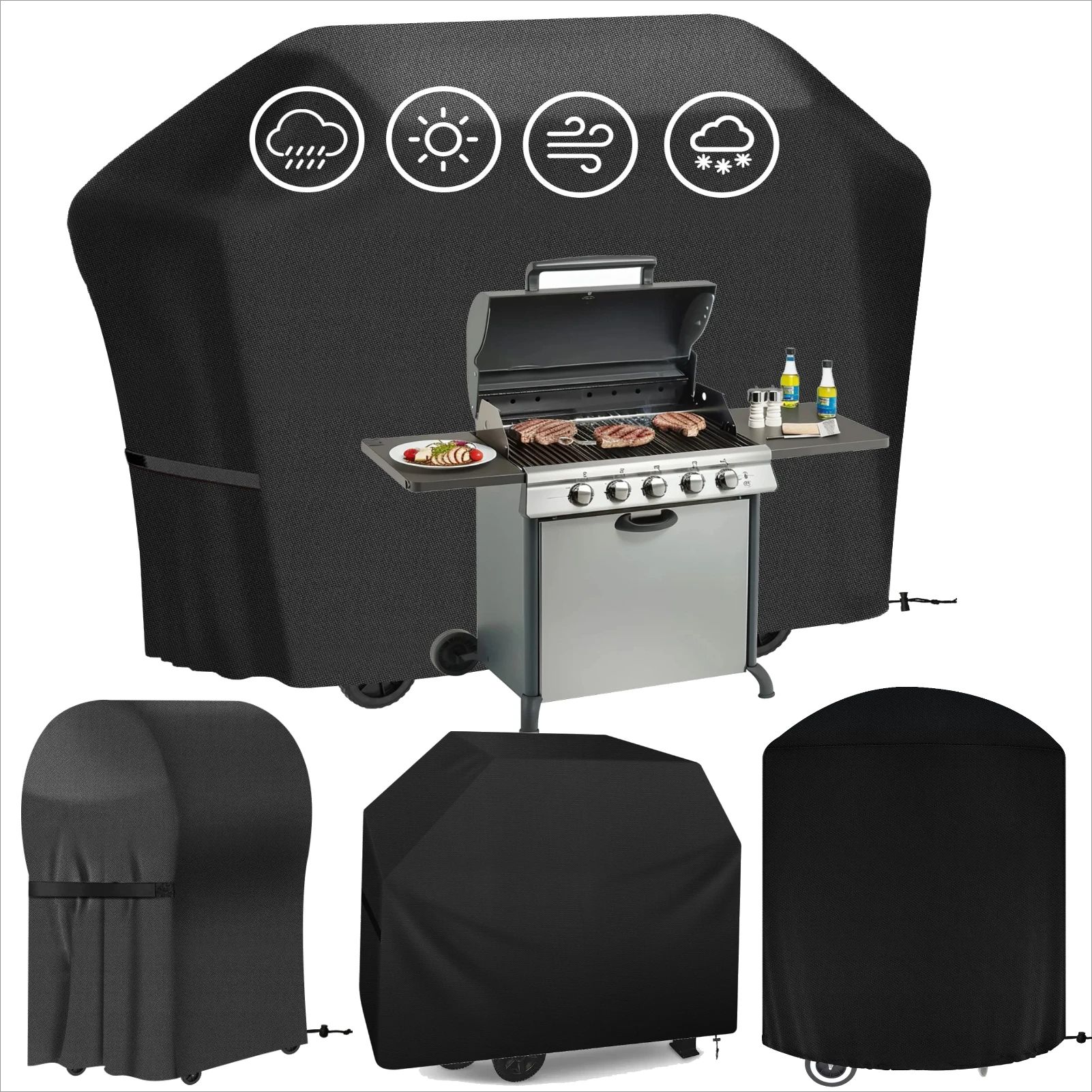 4 Style Large Grill Cover Rip-Proof Garden Waterproof BBQ Gas Furniture Covers Anti-UV Fade Resistant Adjustable Cover Black