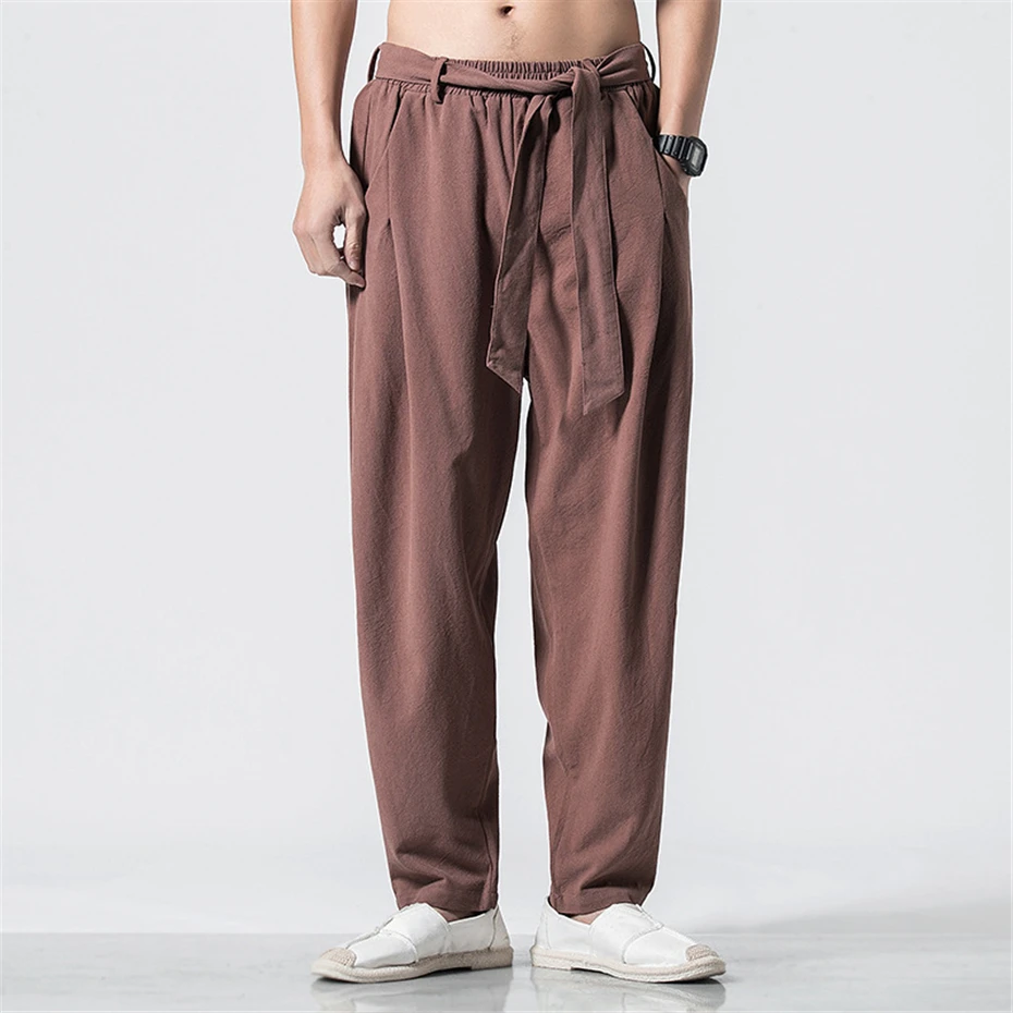 Zomer Linnen Broek Mannen Losse Rechte Broek Mode Casual Linnen Broek Effen Kleur Broek Elastische Taille