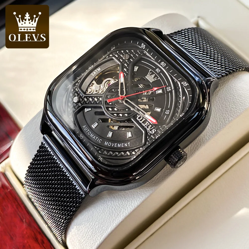 

OLEVS 6634 Men's Automatic Mechanical Watch Luxury Skeleton Waterproof Leather Strap Stainless Steel Business Sports Men's Watch