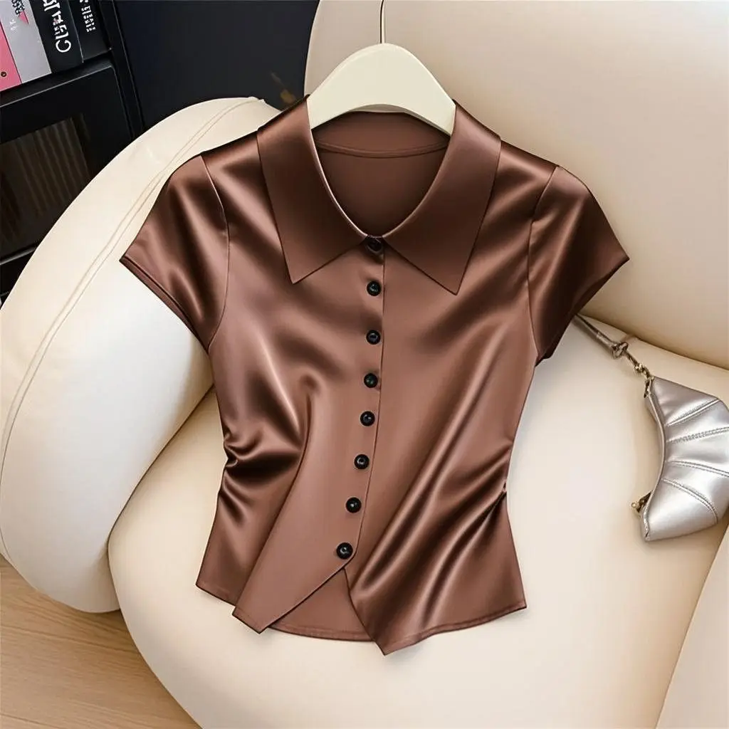 

2025 Summer New Fashion Temperament Buttons Solid Color Shirts Ladies Fashion Turn-down Collar Short Sleeve Blouse Women Clothes