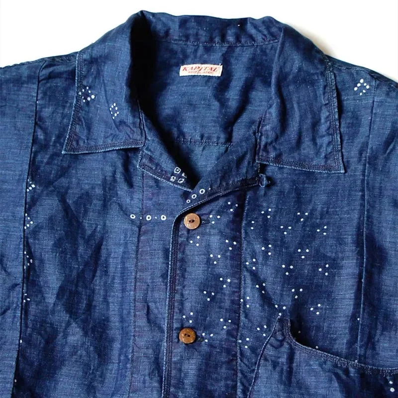 

KAPITAL Blue Dyed Printed Denim Cotton Vintage Short Sleeve Shirt