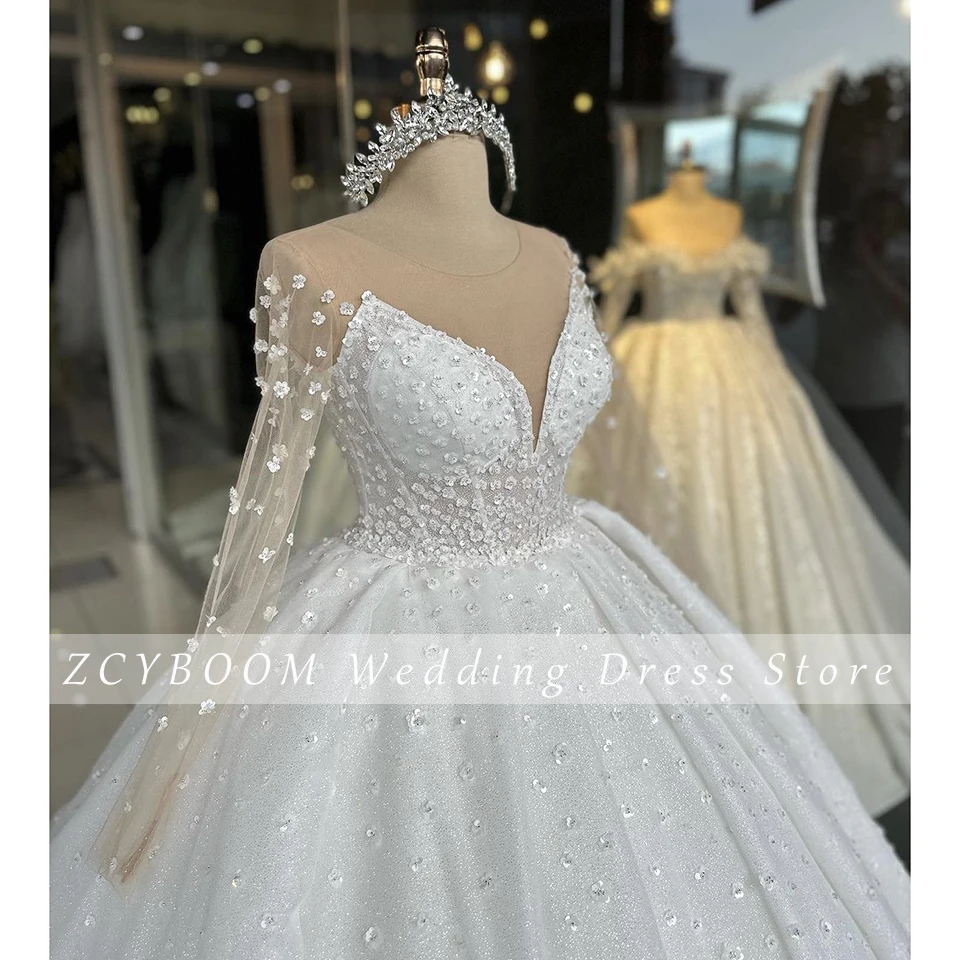 Luxury O-Neck Shiny Flowers Long Sleeves Wedding Dress 2023 Ball Gown Floor Length Sweep Train Lace Up Princess Bridal Gown