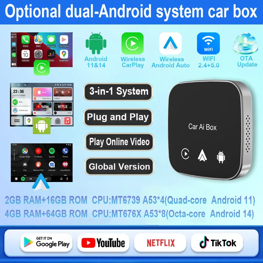 

Android 11 & 14 Smart AI Box, Wireless CarPlay Adapter, Android Auto, Dual WiFi, supports Netflix and YouTube