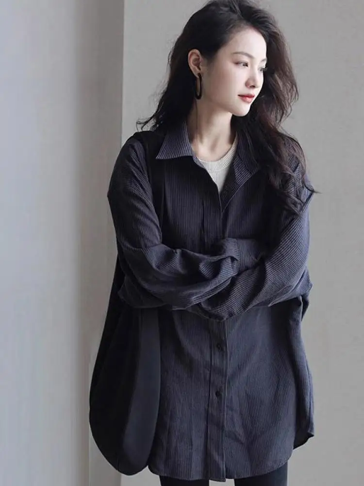

Korean Fashion Women Black Striped Elegant Long Sleeved Shirt Autumn New Single Breasted Festival Versatile Tops 2025 Streetwear