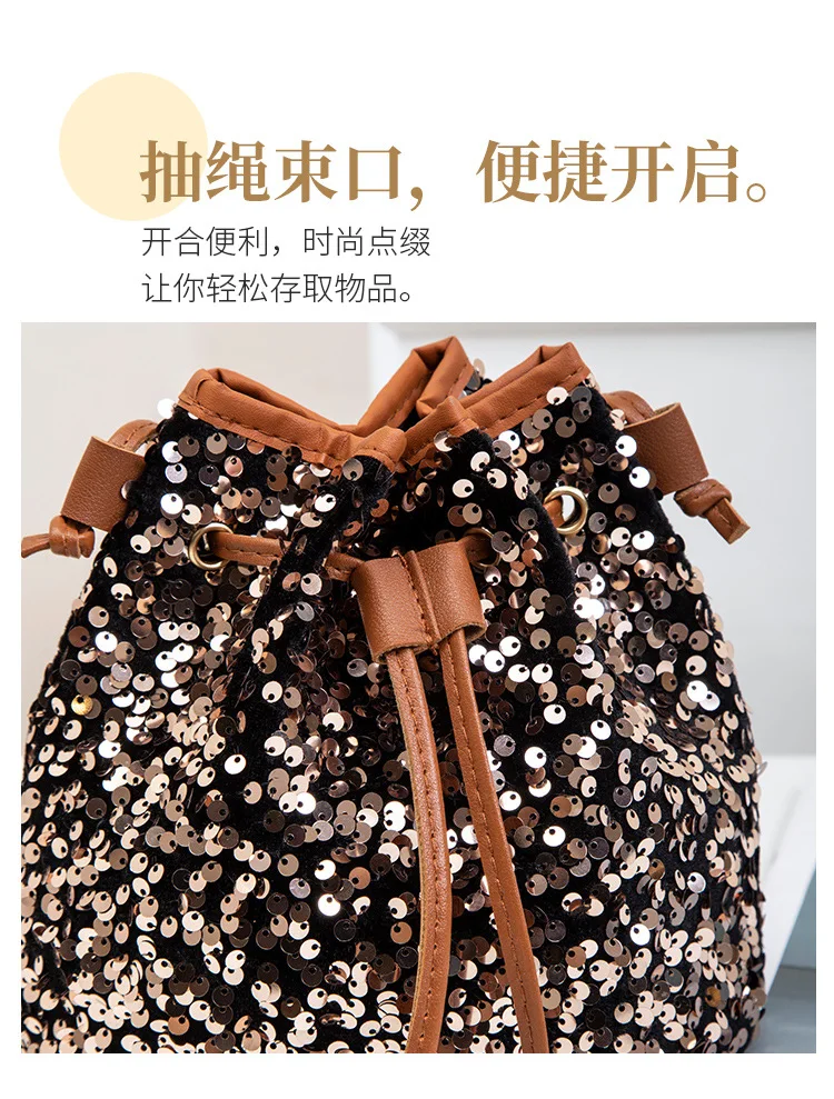 Neue Modische Vielseitige Handtasche mit Kordelzug, Schicke Mehrfarbige Pailletten-Schultertasche mit Großer Kapazität, Geldbörse und Umhängetasche – Detail 18