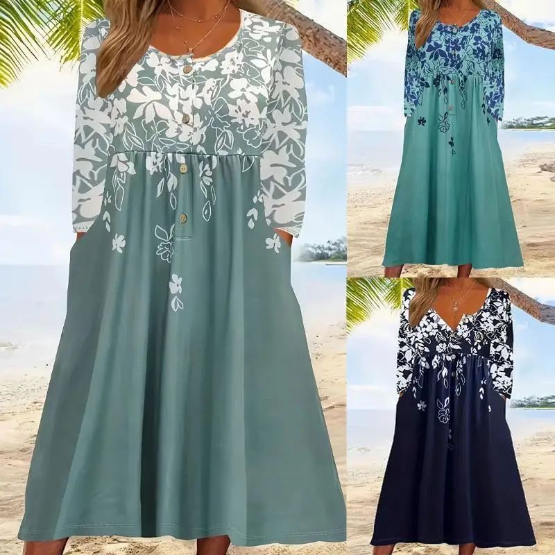 

Casual Floral Print round Ne Long Sve Dr Women's Loose Faionable Summer New Sle Cross-Border Long Dr