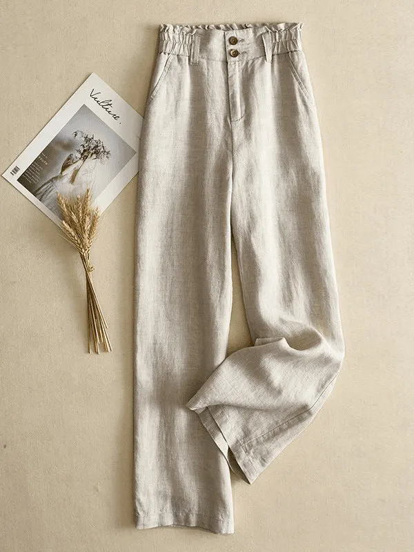 

Summer New Women's Wide Leg Pants Thin Linen Ice Silk Casual Loose Straight Cotton Linen Trousers High Waist Pocket Design
