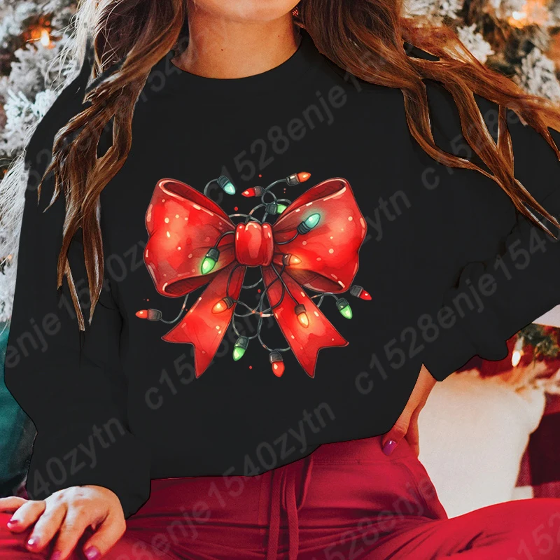 

Christmas Light Bow Print Sweatshirt Crew Neck Tops For Women Hoodless Pullover Long-sleeved Autumn Casual Solid Color Pullovers