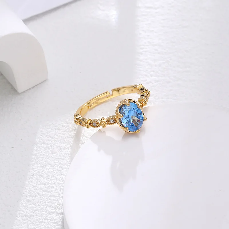 

Trendy 2025 Blue Cubic Zirconia Ring Women's Elegant Minimalist Stackable Korean Style Jewelry Delicate Gold Band Gift Idea