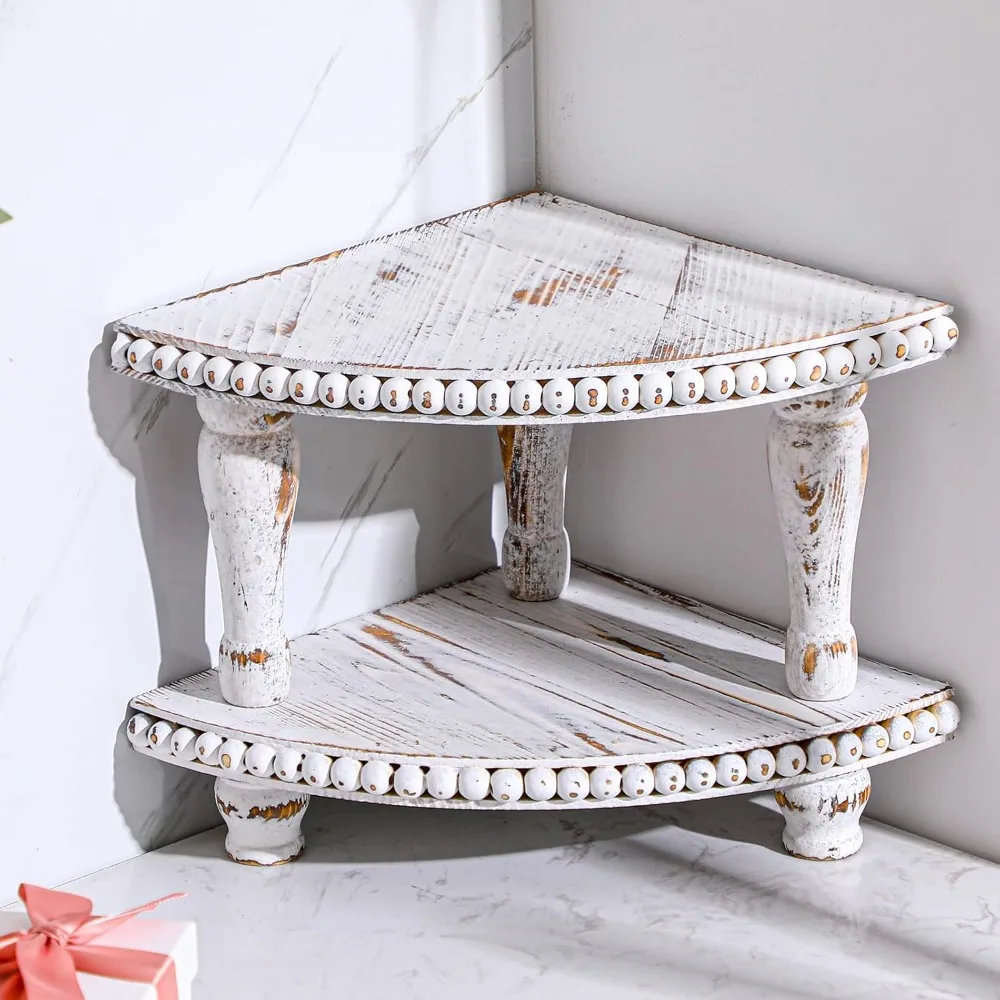 

kigley 2-х уровневая угловая подставка для кухонной стойки, угловая полка с деревянными бусинами, белая столешница для мытья, органайзер для стойки для ванной комнаты, корзи