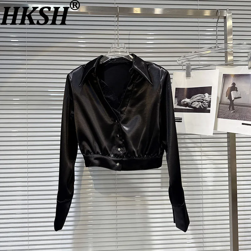 

HKSH Autumn New Women Short Shirt Turn-Down Collar Satin Long Sleeved Single Breasted Shoulder Pad High Street Punk Tops HK10187