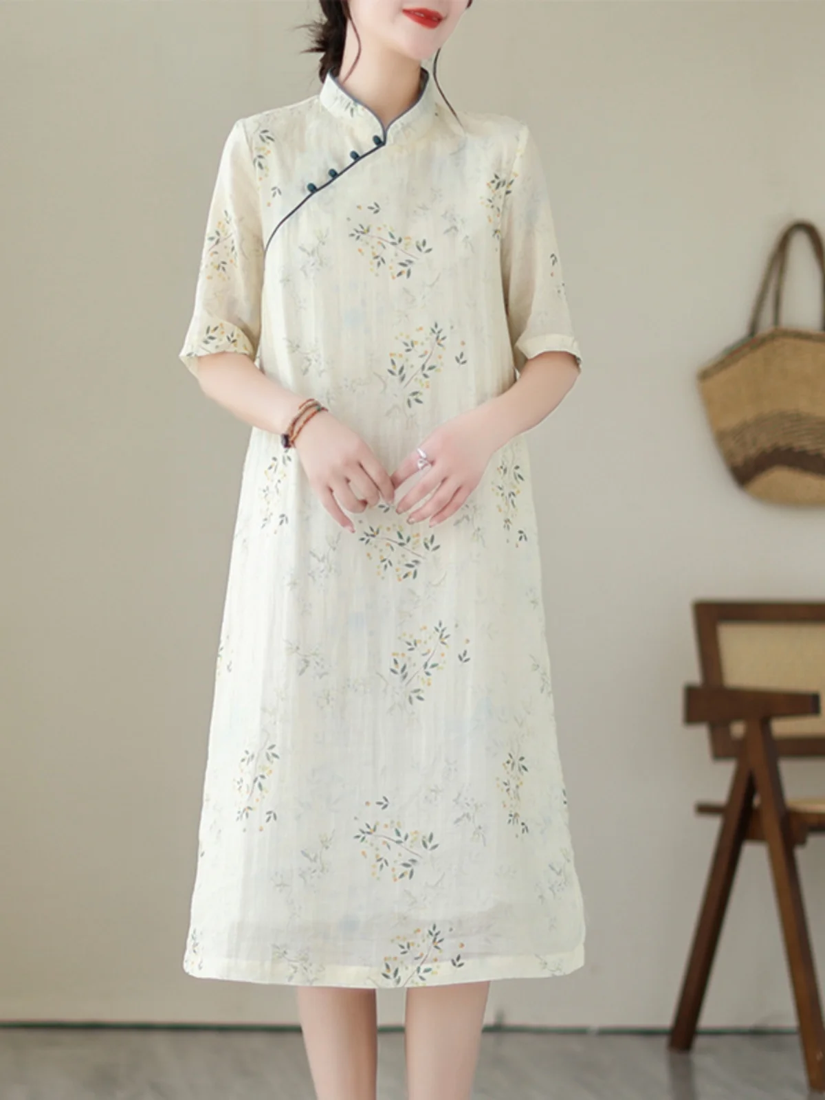 Ele dupla camada de linho algodão qipao dr estampa floral emagrecimento chinês sle comprimento médio saia linha a vintage commute