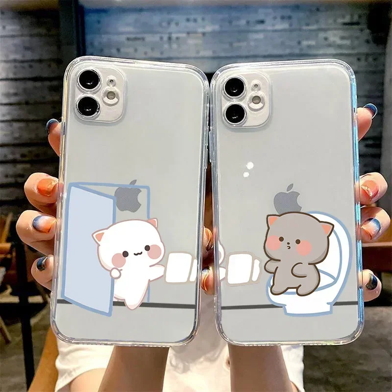 Funny Cat Couple Paired Phone Case for iPhone 16 15 13 12 14 11 Pro Max Mini XR XS 7 8 Plus SE Cartoon Animal Clear Cover Coques