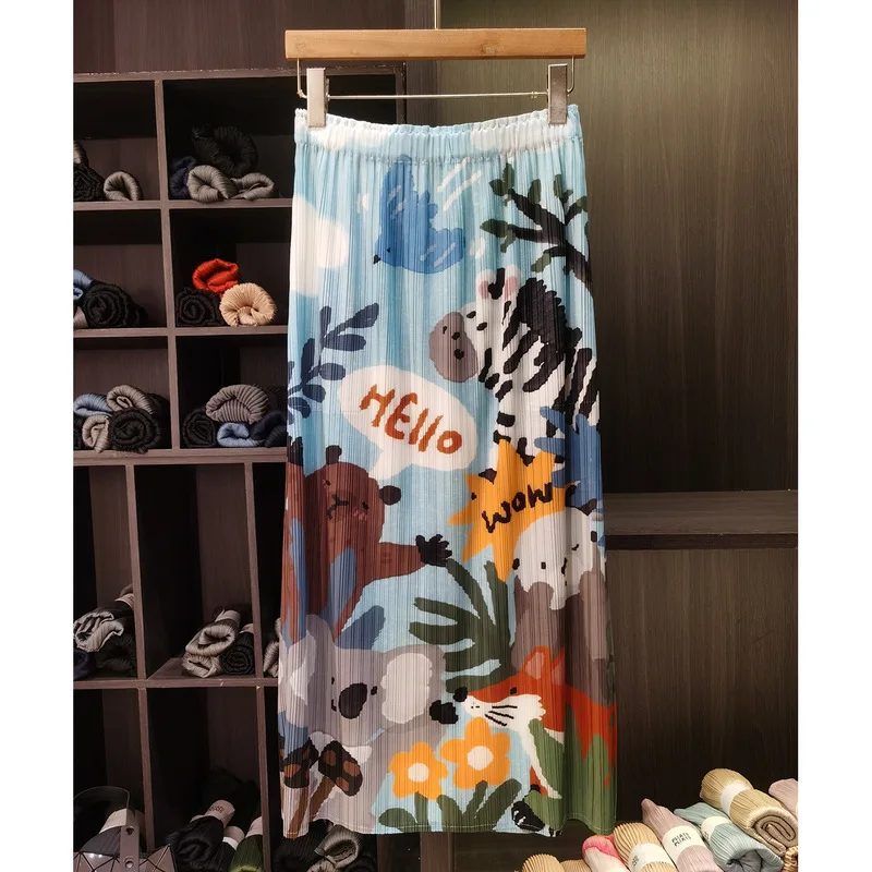 Miyake Fun Animal Kingdom Print Pleated Skirt for Women High-Waisted Stretch Versatile Long Skirts Beach Clothing