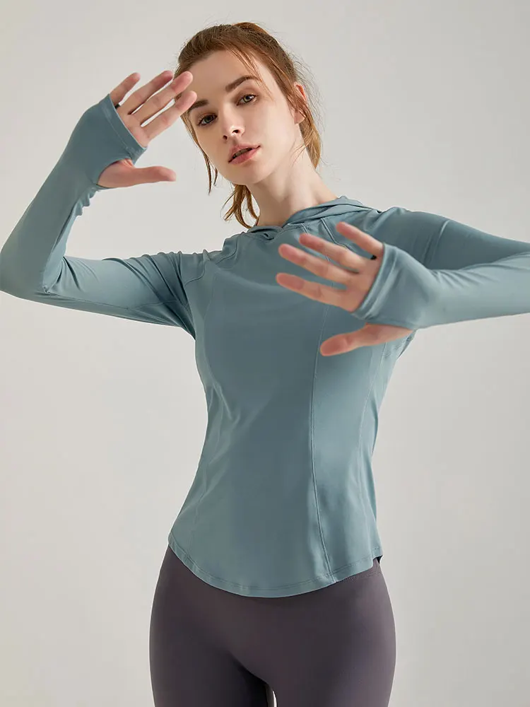 Sudadera con capucha deportiva para mujer, camisa de Yoga ajustada en relieve, camiseta de manga larga con agujero para el pulgar, para correr, gimnasio, entrenamiento, Top con capucha