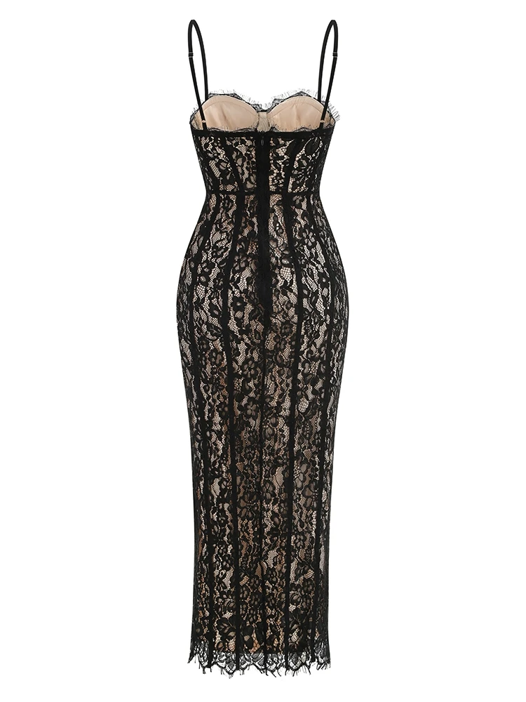 Sexy Spaghetti Strap V Neck Lace Long Dress Women Black Floral Lace Sleeveless Bodycon Dresses Elegant Evening Celebrity Party