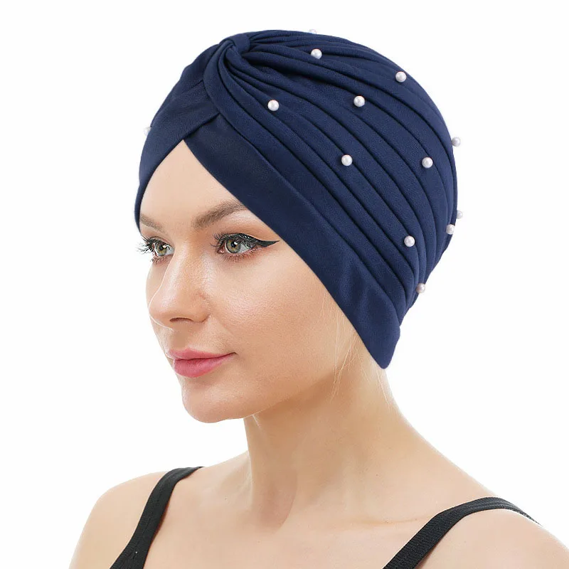 

Women Beaded Turban Muslim Pleated Bonnet Chemo Hat Inner Cap Hijab Headwrap Head Scarf Indian Femme Hair Loss Sleep Caps Cover