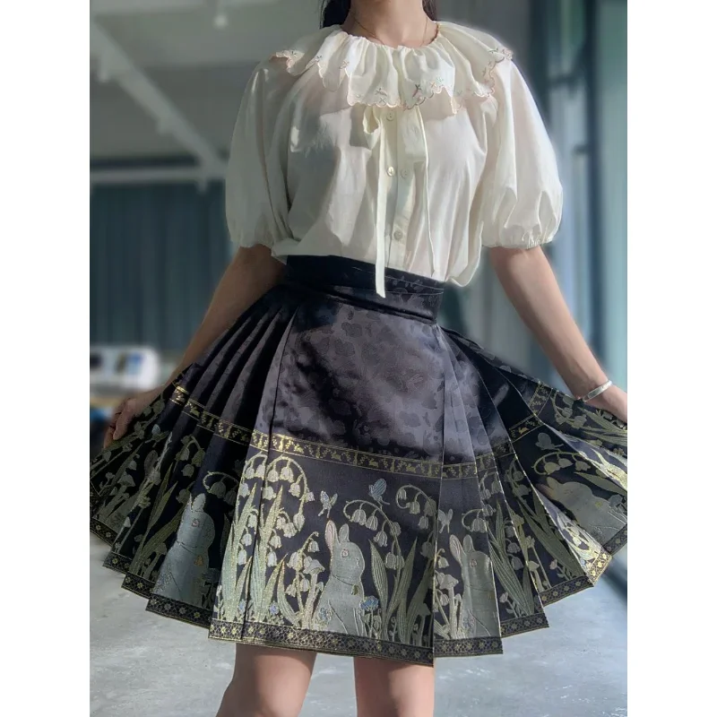 

2 Color Ming Dynasty Rabbit Printed Short Hanfu Horse Face Skirt Chinese Clothes for Women Improved Modern Kawaii Jk Skirt