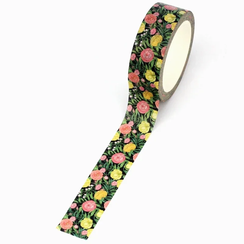 1X 10M Decor Elegant Floral with Blooming Flowering Herbs on Black Washi Tape Journal Adhesive Masking Tape Kawaii Papeleria