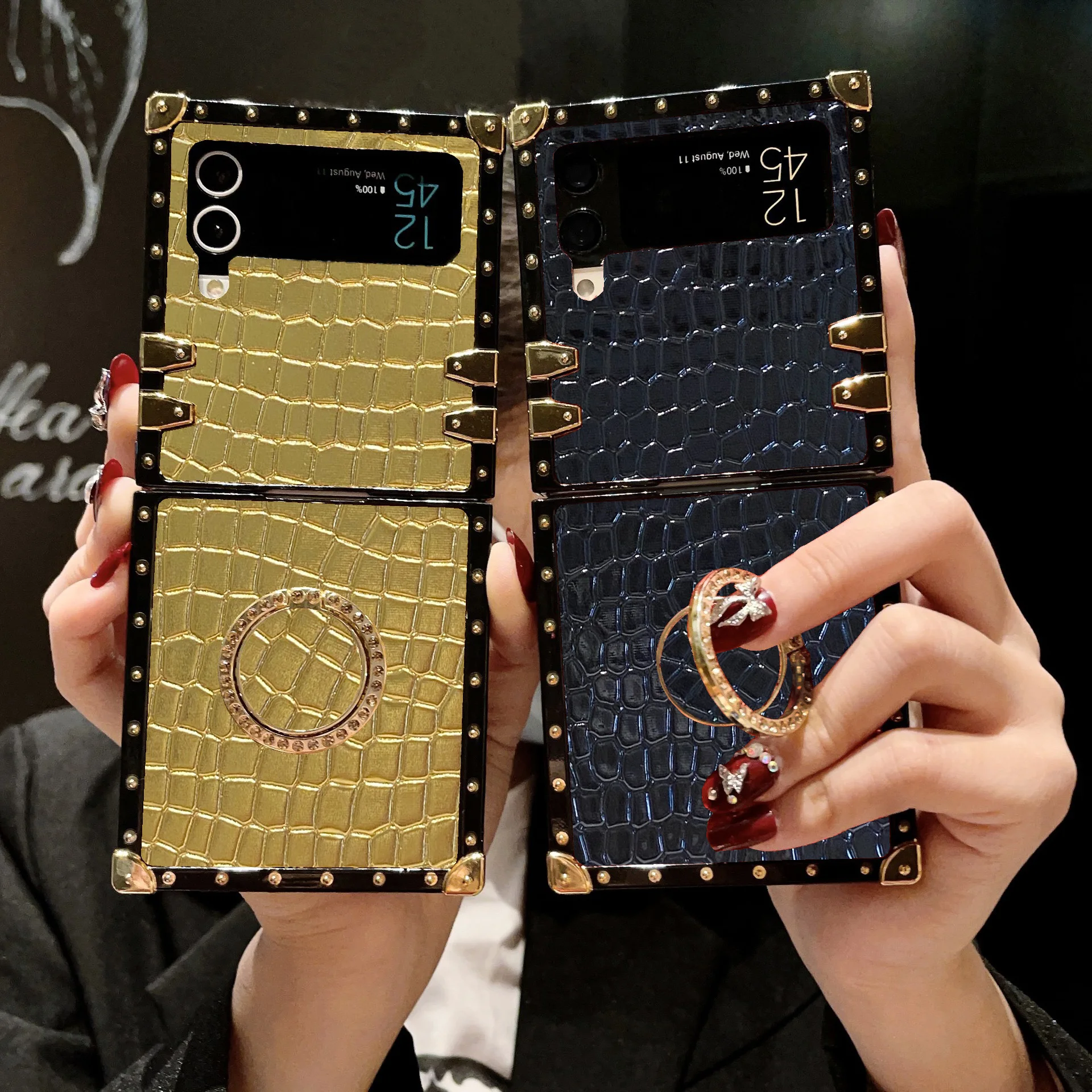 Fashion Artificial Crocodile Leather Luxury Square Phone Case For Samsung Galaxy Z Flip 7 6 5 4 3 Flip7 FE Shockproof Back Cover