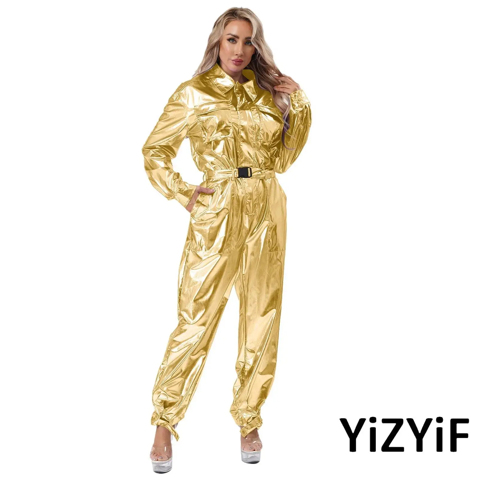 

Womens Disco Inspired Shimmering Jumpsuit with Long Sleeves And Adjustable Waistband for Retro Parties And Nightclub Events
