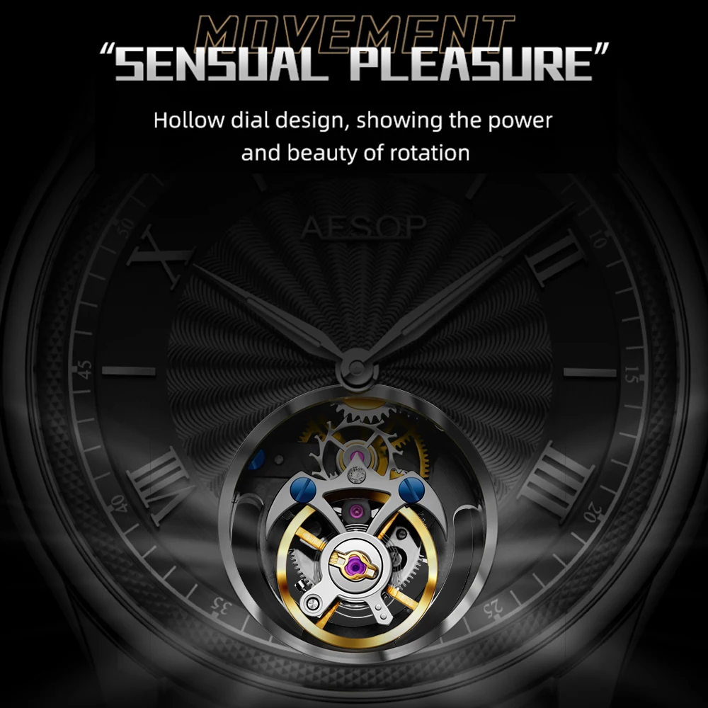 AESOP Mens Mechanical Wristwatches Flying Tourbillon Movement Skeleton Watch for Men Man Luxury Clocks Diamond Waterproof 2023