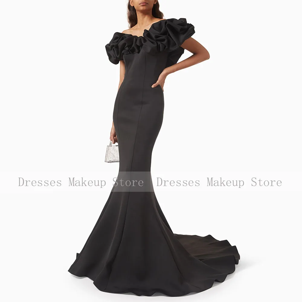 فستان سهرة بحورية البحر مخصص طويل قبالة الكتف كشكش البوق فساتين لحضور الحفلات الموسيقية للنساء رقبة على شكل V أسود رداء حفلات رسمي