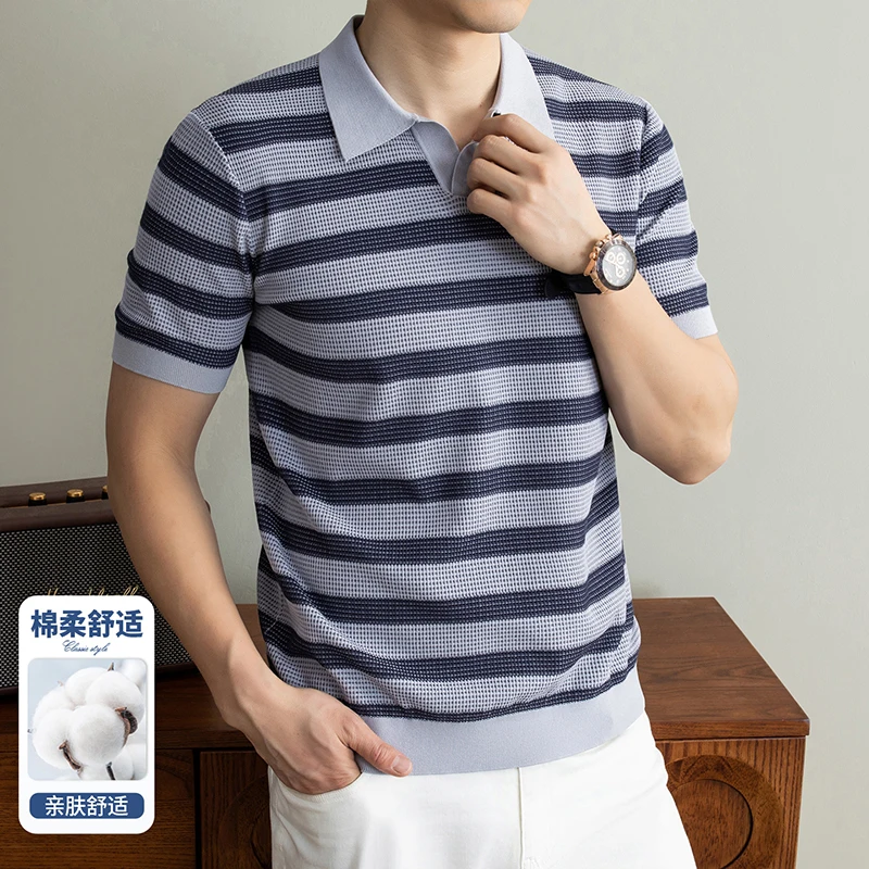 

Элитная мужская модная вязаная рубашка-поло 2026 года: весенне-летняя коллекция, широкие полосы, дышащий хлопок, короткий рукав