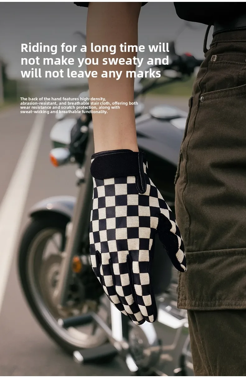 Retro Schachbrettmuster Motorradhandschuhe Touchscreen-fähig SBR Stoßdämpfer Atmungsaktiv Rutschfest Biker-Handschuhe für Männer und Frauen – Detail 7