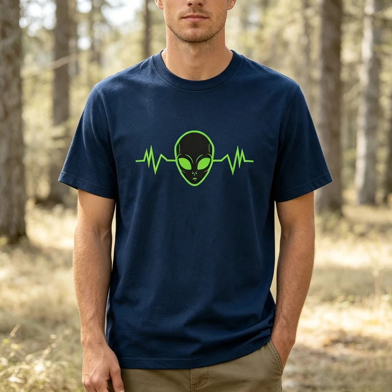 Alien Heartbeat Graphic T-Shirt Green Print Streetwear Cotton Casual Unisex Tee for Men Women Sci-Fi Space Fashion Top Y2k Top